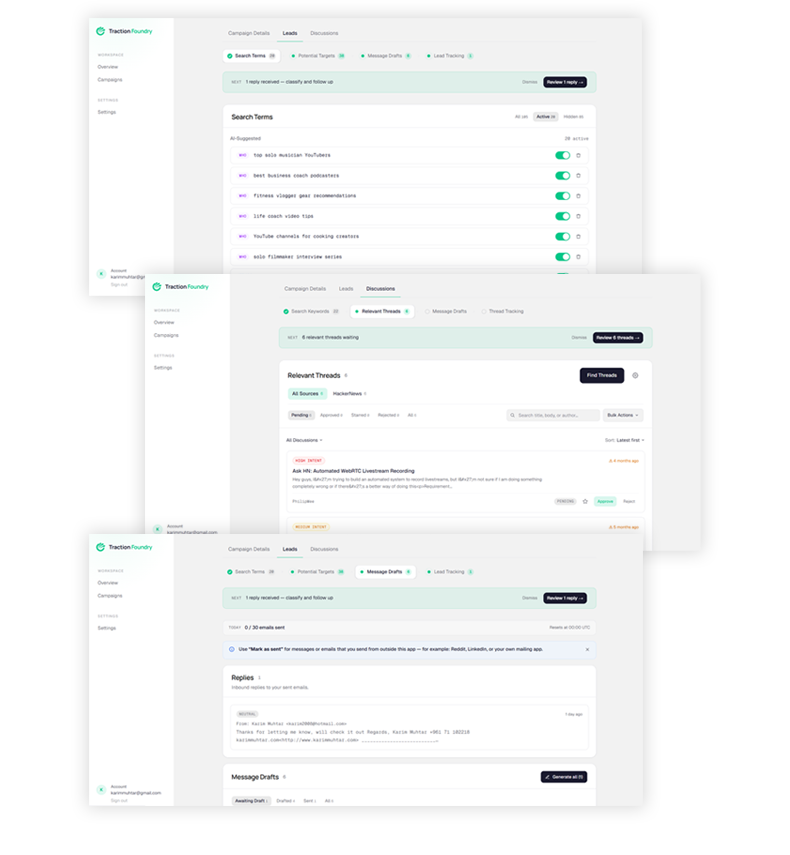 Traction Foundry features — discovery, intent signals, drafter, and CRM pipeline